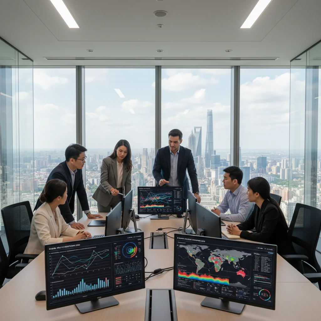 A photorealistic image depicting a diverse group of professionals in a modern Chinese office setting, discussing content moderation strategies on digital screens, symbolizing enterprise responses to updated policies in 2023. The scene captures collaboration, technology, and compliance without any focus on documents.