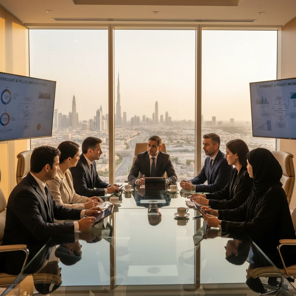 A photorealistic image depicting a diverse group of professional adults in a modern UAE corporate office setting, engaged in a collaborative meeting focused on oversight and compliance, symbolizing the application of supervision policies in Emirati companies. The scene includes businesspeople reviewing charts and discussing strategies around a conference table, with elements of Emirati culture like traditional attire blended with contemporary office aesthetics, under natural light from large windows overlooking a Dubai skyline. No children are present.