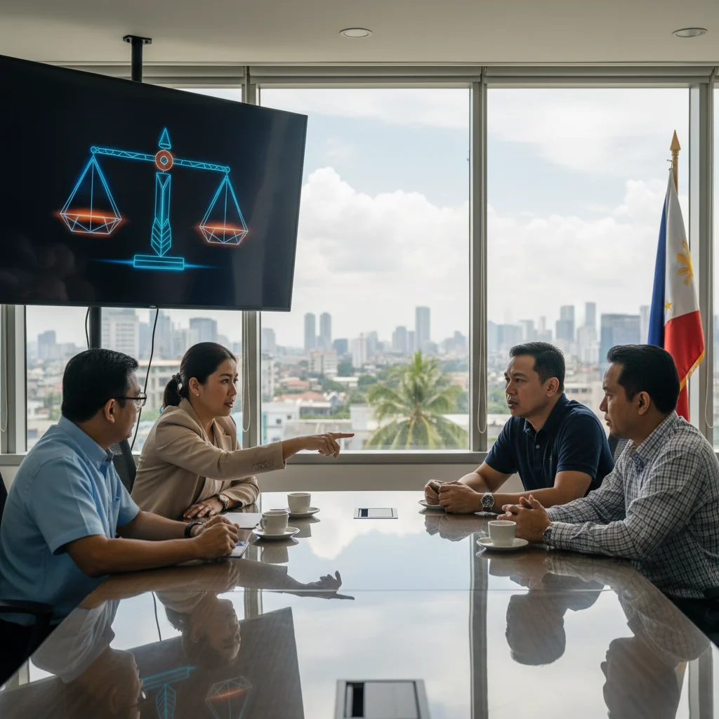 A photorealistic image of diverse adults in a professional meeting room in the Philippines, discussing moderation policies with serious expressions, surrounded by Philippine cultural elements like the flag or maps, symbolizing balanced governance and community harmony without any documents or children present.