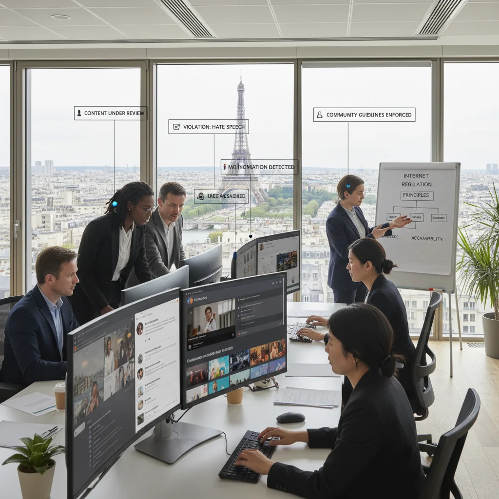 A photorealistic image representing content moderation on the internet in France, featuring a diverse group of adult professionals in a modern office setting in Paris, reviewing digital content on computers with French landmarks like the Eiffel Tower visible through the window, symbolizing balanced online regulation and protection.