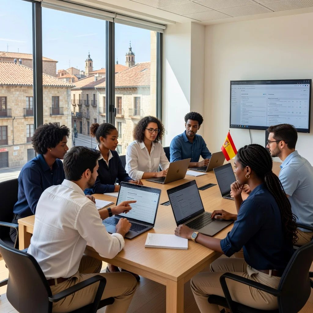 A photorealistic image representing the importance of moderation policies in Spanish digital platforms, showing a diverse group of young adults in a modern office setting in Spain, engaged in collaborative online content review on computers, with subtle Spanish cultural elements like a flag or architecture in the background, emphasizing safety and ethical digital interaction among adults.