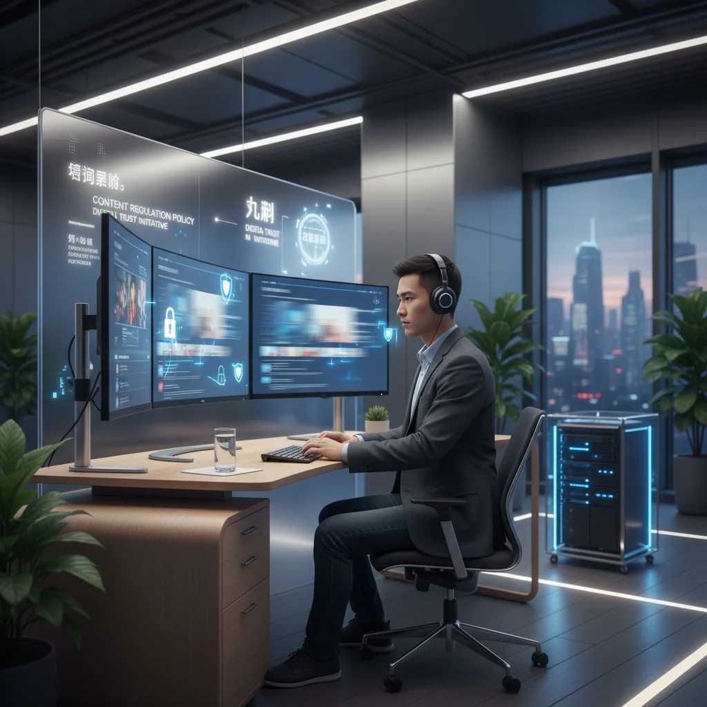 A photorealistic image of a professional content moderator in a modern office setting, carefully reviewing digital content on multiple computer screens, symbolizing the implementation of content review policies in China, with elements like a Chinese flag subtly in the background, conveying authority, vigilance, and compliance without focusing on documents.