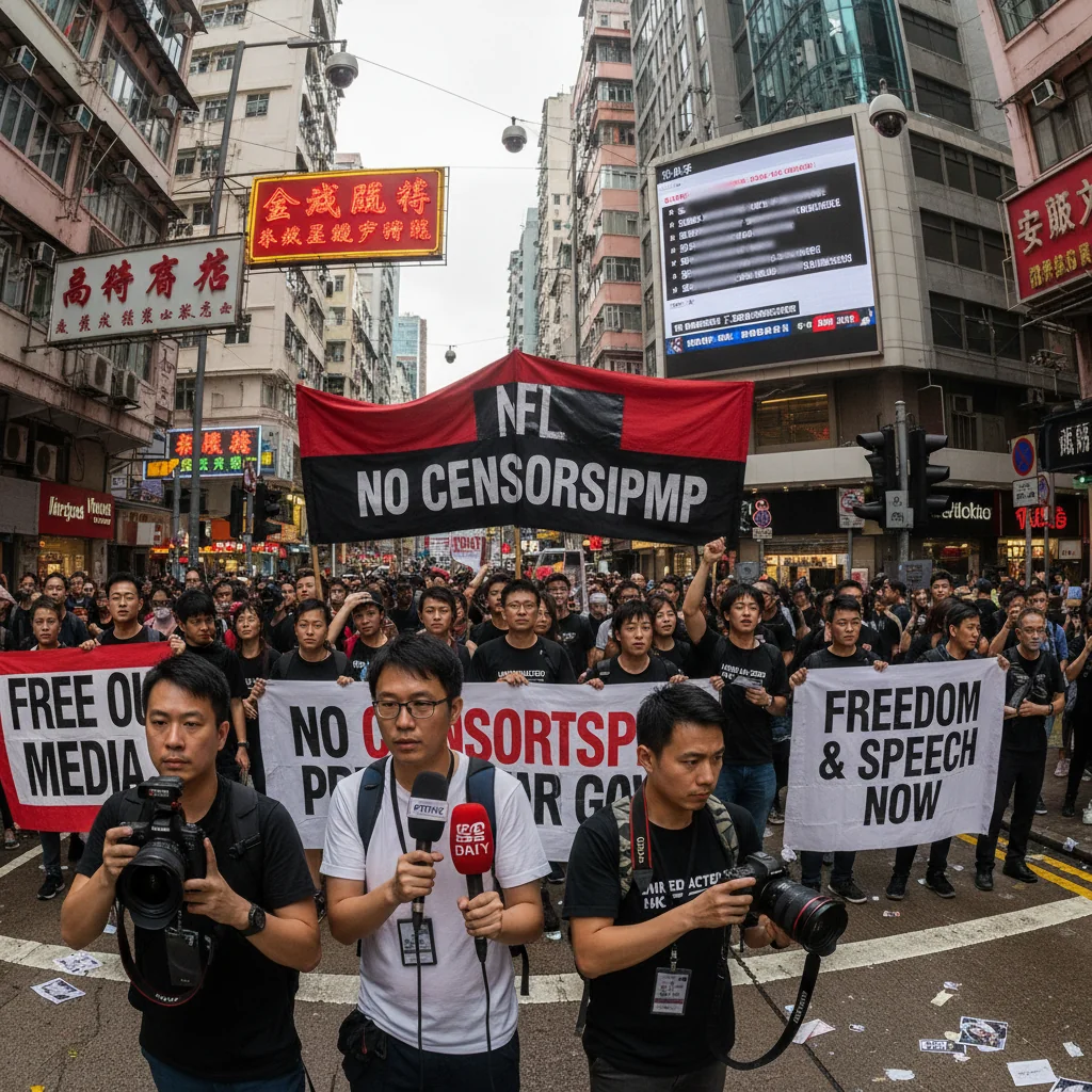 A photorealistic image depicting the impact of content censorship on media and freedom of speech in Hong Kong, showing a diverse group of adult journalists and activists in a tense urban street protest scene with protest signs related to press freedom, surveillance cameras in the background, and a sense of restriction and resilience, no children present.
