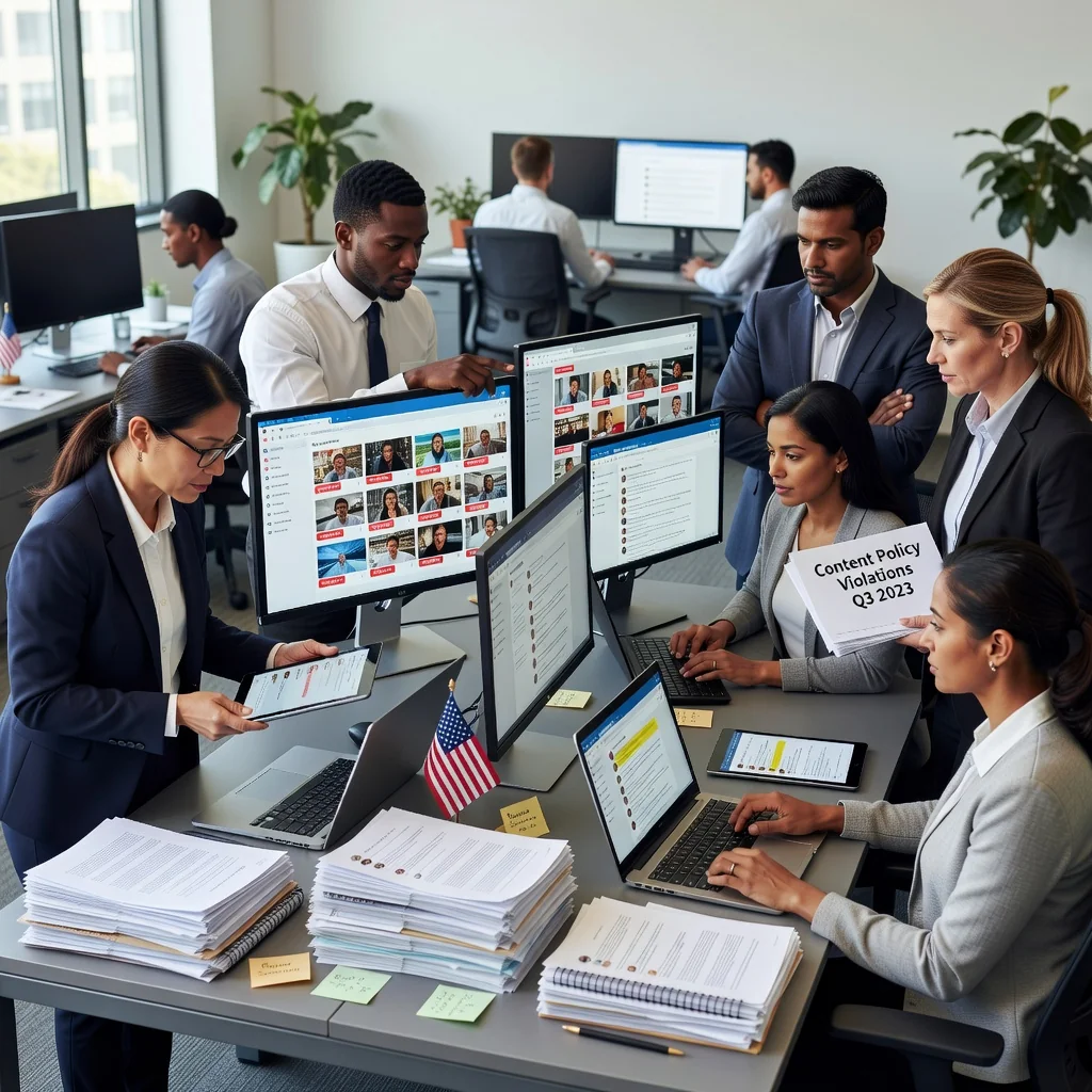 A photorealistic image symbolizing content moderation regulations in the US, depicting a diverse group of adult professionals in a modern office setting reviewing digital content on multiple screens, with subtle American flag elements in the background, representing protection, oversight, and legal compliance in online platforms.