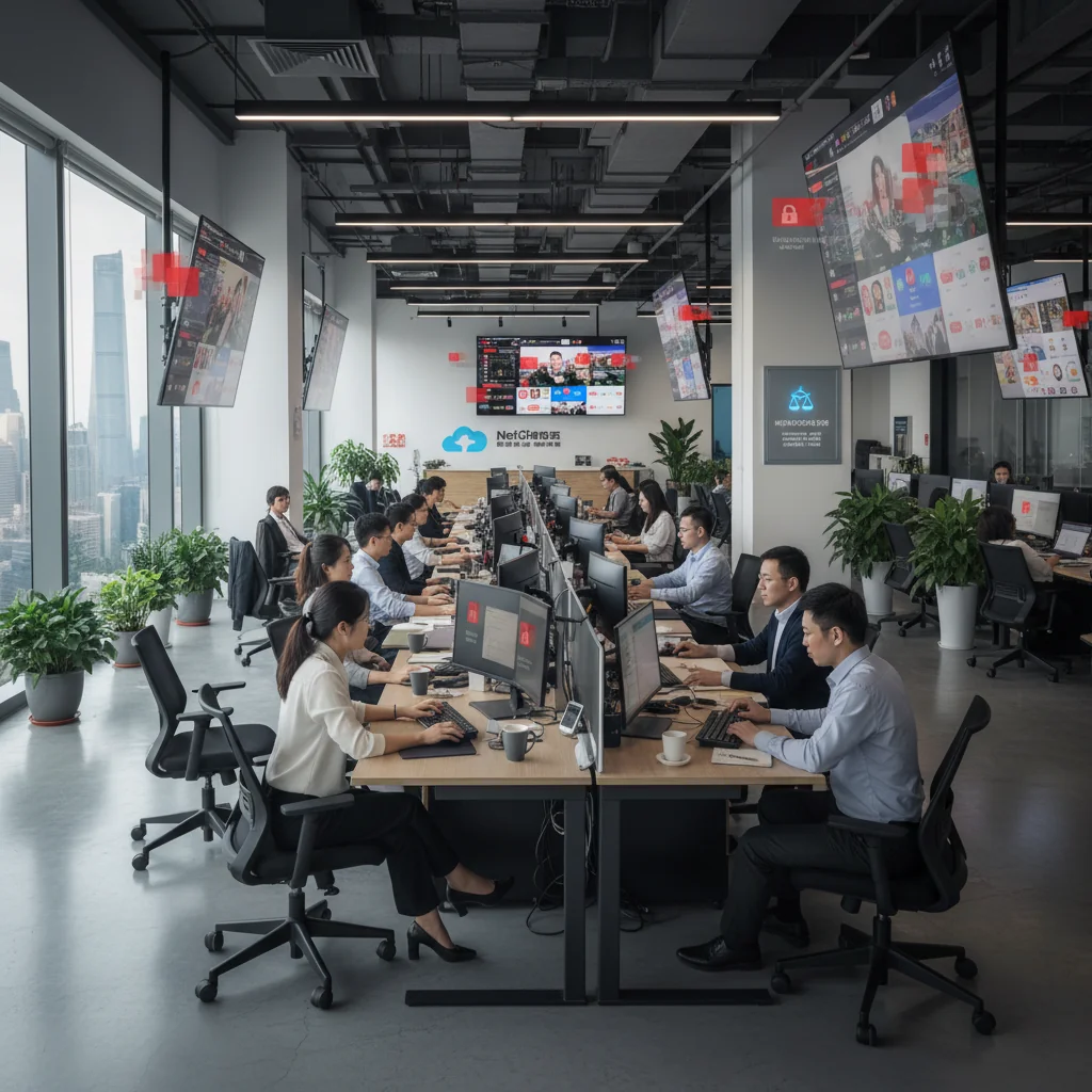 A photorealistic image depicting the impact of content moderation policies on China's internet industry, showing a diverse group of adult professionals in a modern tech office in Beijing, with subtle symbolic elements like glowing screens displaying censored content and regulatory icons, conveying a sense of innovation balanced with oversight, no children present.