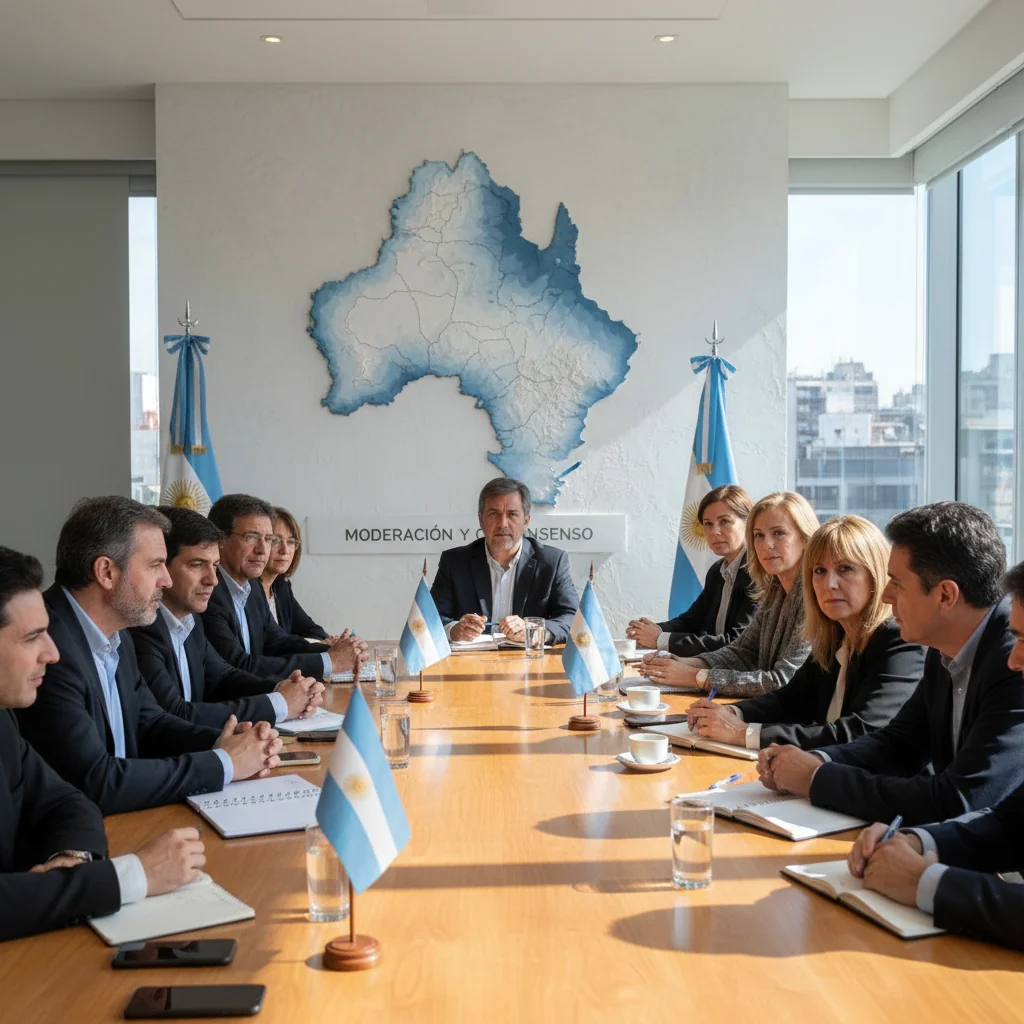 A photorealistic image representing political moderation in Argentina, featuring a diverse group of adult Argentine citizens engaged in a constructive discussion around a table in a modern government building, with Argentine flags and maps in the background, symbolizing balanced policy and community involvement.