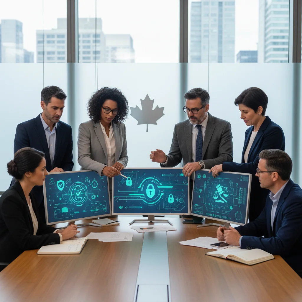 A photorealistic image of a diverse group of adults in a modern Canadian office setting, engaged in a collaborative discussion about online content guidelines. They are reviewing digital screens showing policy documents, symbolizing compliance with content moderation policies. The atmosphere is professional and focused, with elements like the Canadian flag subtly in the background to represent Canada's policies. No children are present in the image.
