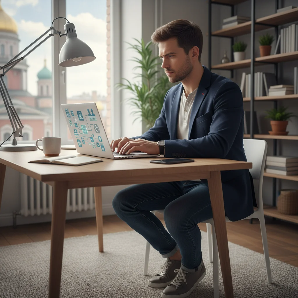 A photorealistic image of a professional adult blogger in a modern home office setting in Russia, confidently reviewing guidelines on a laptop screen, symbolizing adherence to moderation rules for content creators, with subtle Russian elements like a flag or Moscow skyline in the background, no children present.