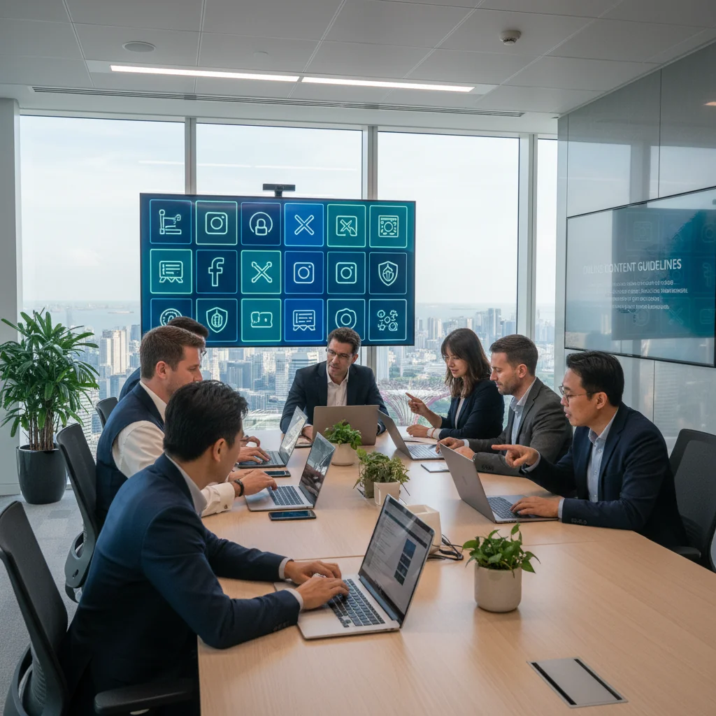 A photorealistic image representing Singapore's online content policy, showing a diverse group of adults in a modern Singapore office setting, engaged in a professional discussion about digital safety and content moderation on computers and screens, with subtle Singapore skyline in the background, emphasizing regulation and protection in the digital space.