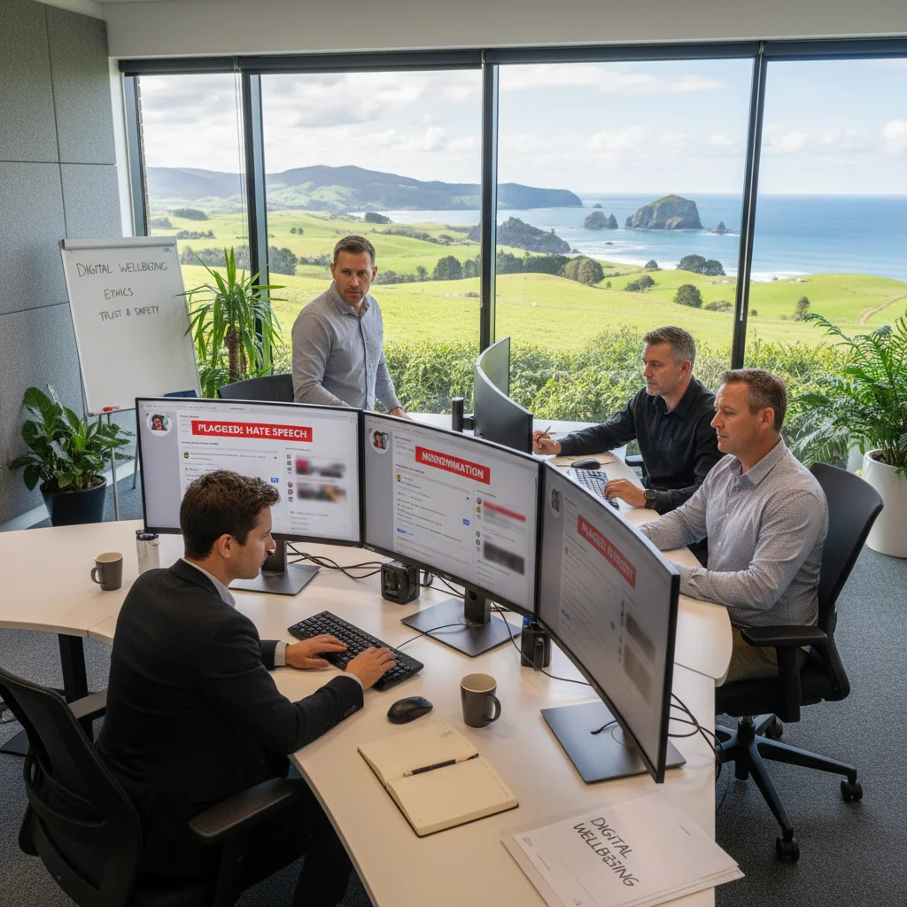 A photorealistic image depicting a diverse group of adults in a modern New Zealand office setting, engaged in a professional discussion about content moderation. They are reviewing digital screens showing moderated social media feeds, with subtle New Zealand landmarks like the Southern Alps visible through the window in the background, symbolizing the country's regulatory framework. The atmosphere is collaborative and focused, emphasizing protection and ethical online content management. No children are present in the image.