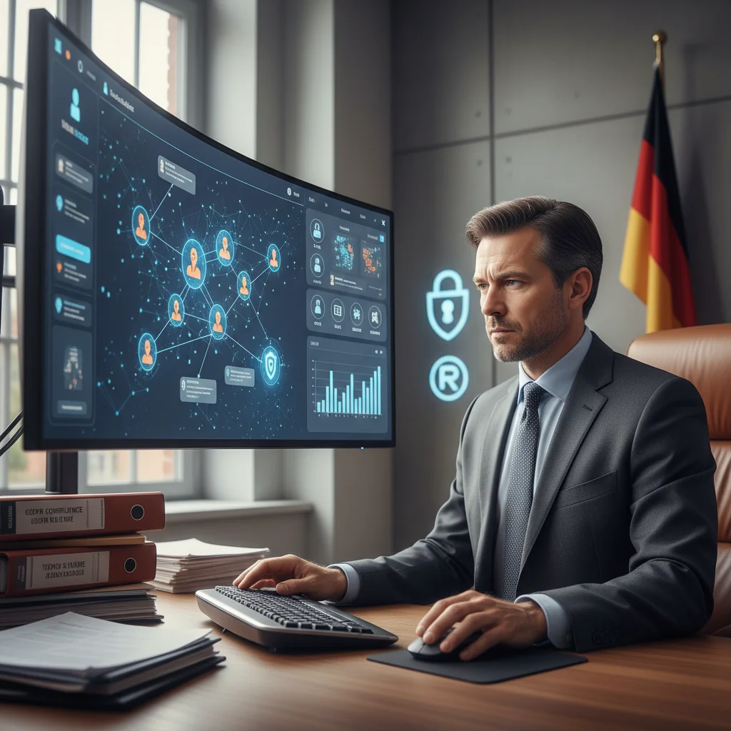 A photorealistic image of a professional moderator in a modern office setting, reviewing content on a computer screen with a thoughtful expression, surrounded by subtle legal documents and symbols of online community guidelines, emphasizing the importance of legal compliance in content moderation under German law. No children are present in the image.