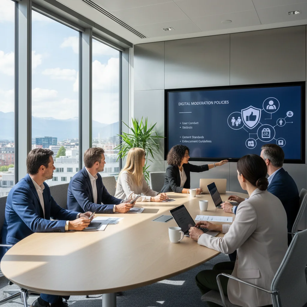 A photorealistic image of a diverse group of adults in a modern Austrian conference room, engaged in a serious discussion about online community guidelines, with elements like a laptop displaying a moderation interface and Austrian flags in the background, symbolizing effective policy creation for content moderation.