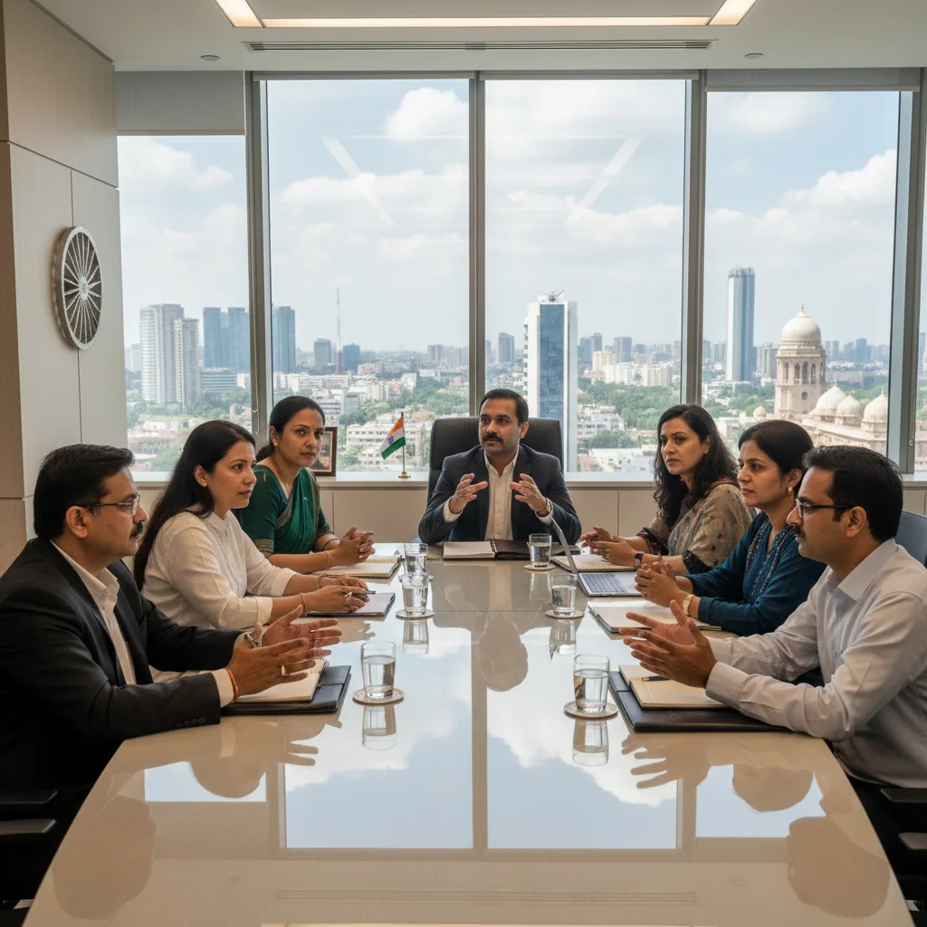 A photorealistic image representing the key principles of moderation policy in India, showing a diverse group of adults in a professional meeting room in an Indian office, discussing guidelines with serious expressions, surrounded by subtle Indian cultural elements like maps or flags, emphasizing balance, fairness, and regulation without any focus on documents.