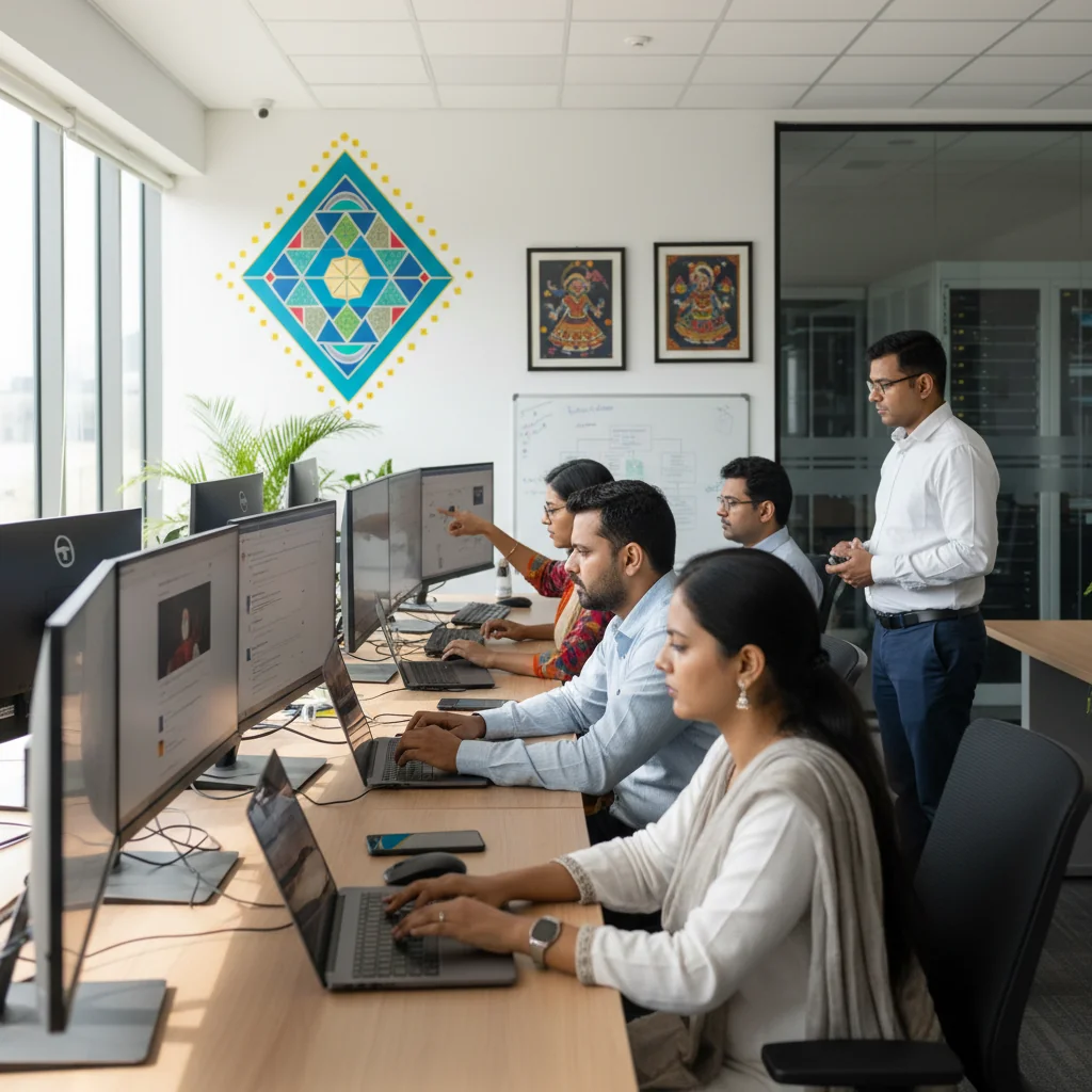A photorealistic image of a diverse team of adult professionals in a modern Indian office setting, collaboratively reviewing and discussing digital content on multiple computer screens to ensure online safety and moderation, with elements like Indian cultural motifs in the background, no children present.