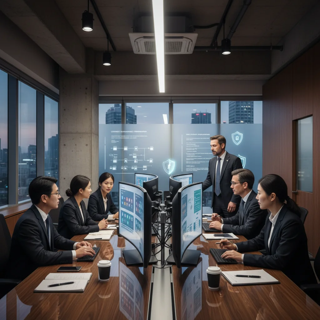 A photorealistic image of a professional team in a modern office setting, collaboratively reviewing digital content on large screens, symbolizing effective content management policies in a Korean business context. The scene includes adults only, with no children present, and emphasizes organization, security, and innovation in content handling.