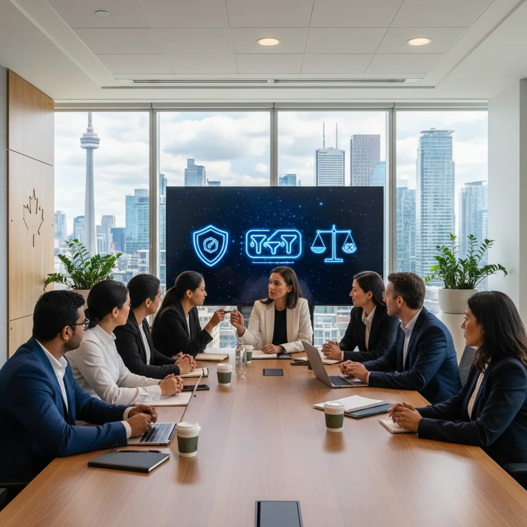 A photorealistic image of a diverse group of adults in a modern conference room in Canada, discussing content moderation guidelines on a large screen, with Canadian flag elements in the background, symbolizing policy understanding and online safety.