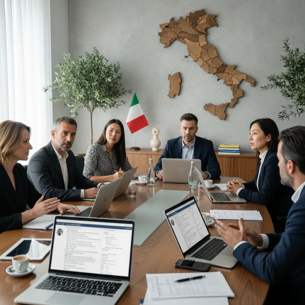 A photorealistic image of a diverse group of adults in a modern office setting, engaged in a professional discussion about online content moderation. They are reviewing digital screens showing social media interfaces, symbolizing web site policies and guidelines in Italy, with subtle Italian flag elements in the background. The atmosphere is collaborative and focused, emphasizing responsibility and community safety on the internet.