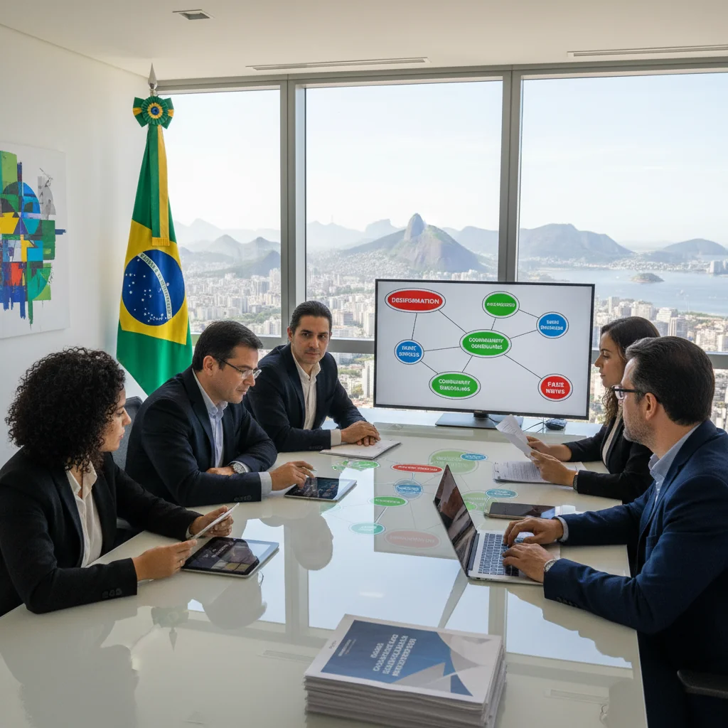 A photorealistic image depicting the challenges and solutions in online content moderation policy in Brazil, showing diverse adults engaged in a digital discussion, perhaps in a modern office or virtual meeting setting with Brazilian elements like the flag in the background, symbolizing policy and technology intersection.