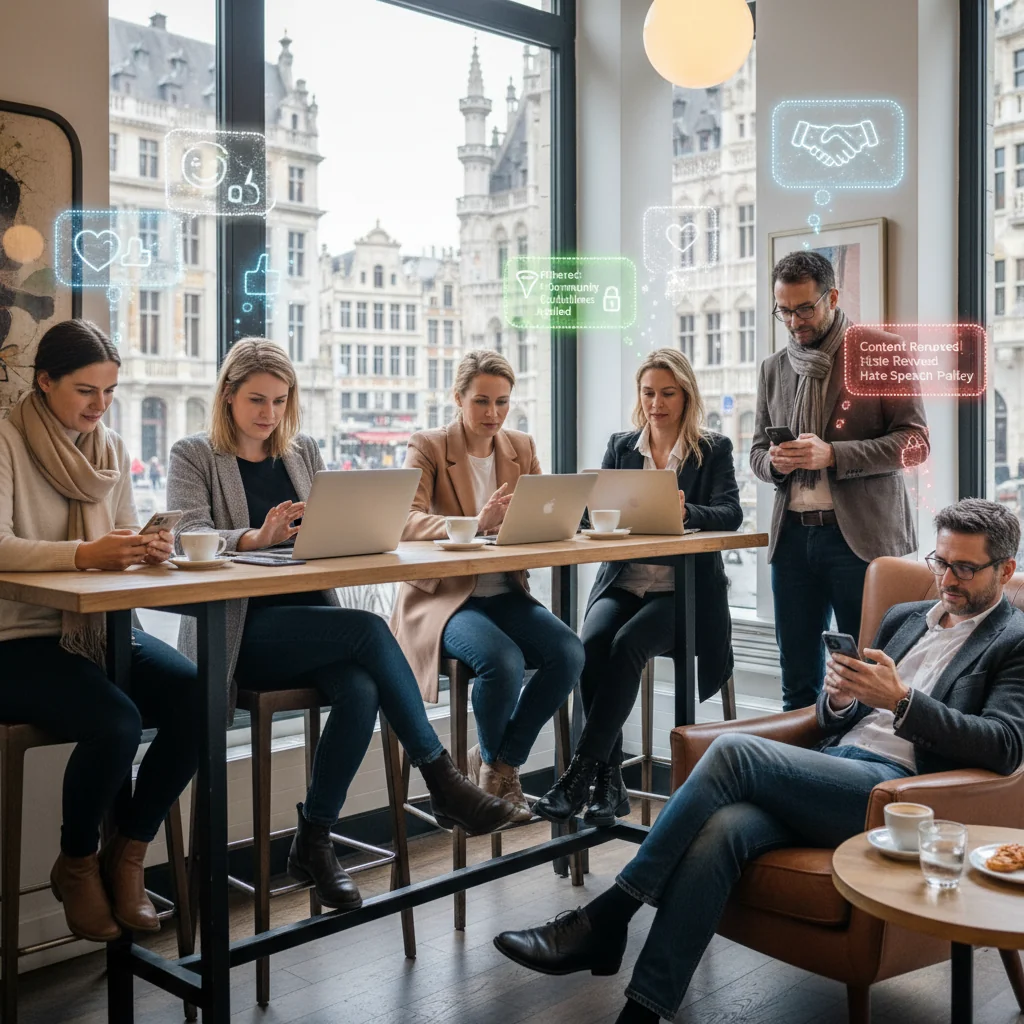 A photorealistic scene depicting diverse adults in Belgium engaging with social media on their smartphones, symbolizing the impact of moderation policies on social networks, with subtle Belgian landmarks in the background like Brussels architecture, showing thoughtful expressions and a sense of community discussion, no children present.