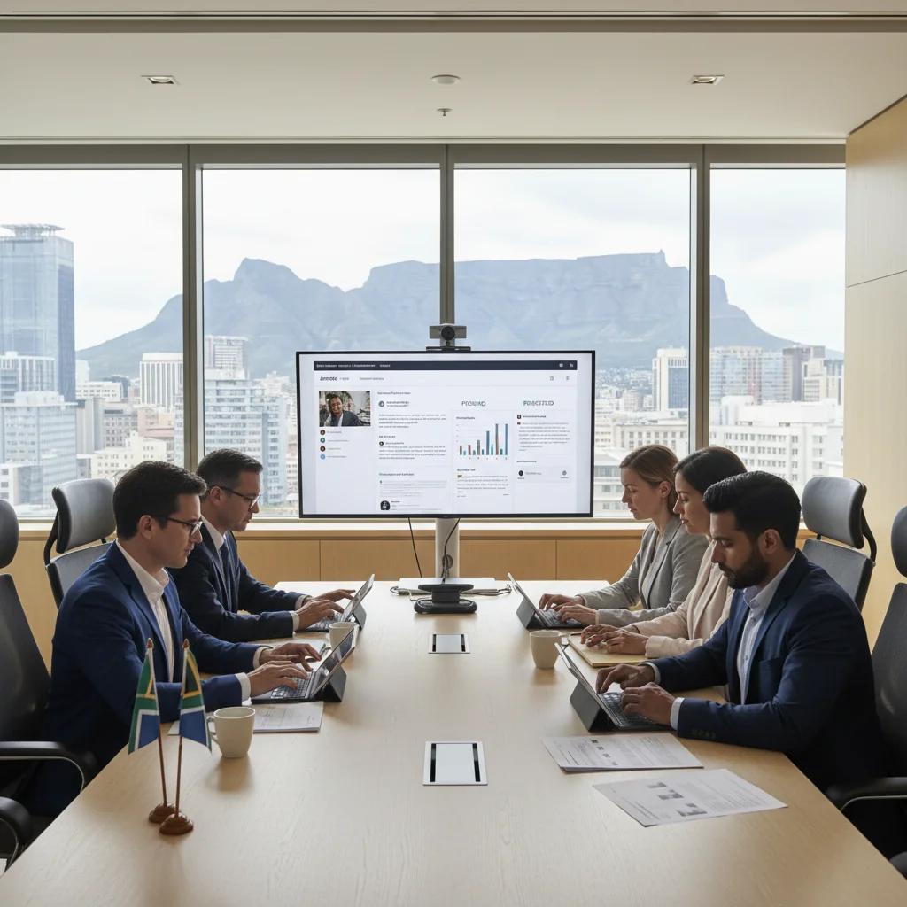 A photorealistic image of a diverse group of adult business professionals in a modern South African office setting, reviewing digital content on computers and discussing compliance strategies, symbolizing adherence to content moderation laws. The scene conveys professionalism, collaboration, and legal awareness without showing any children or corporate documents directly.