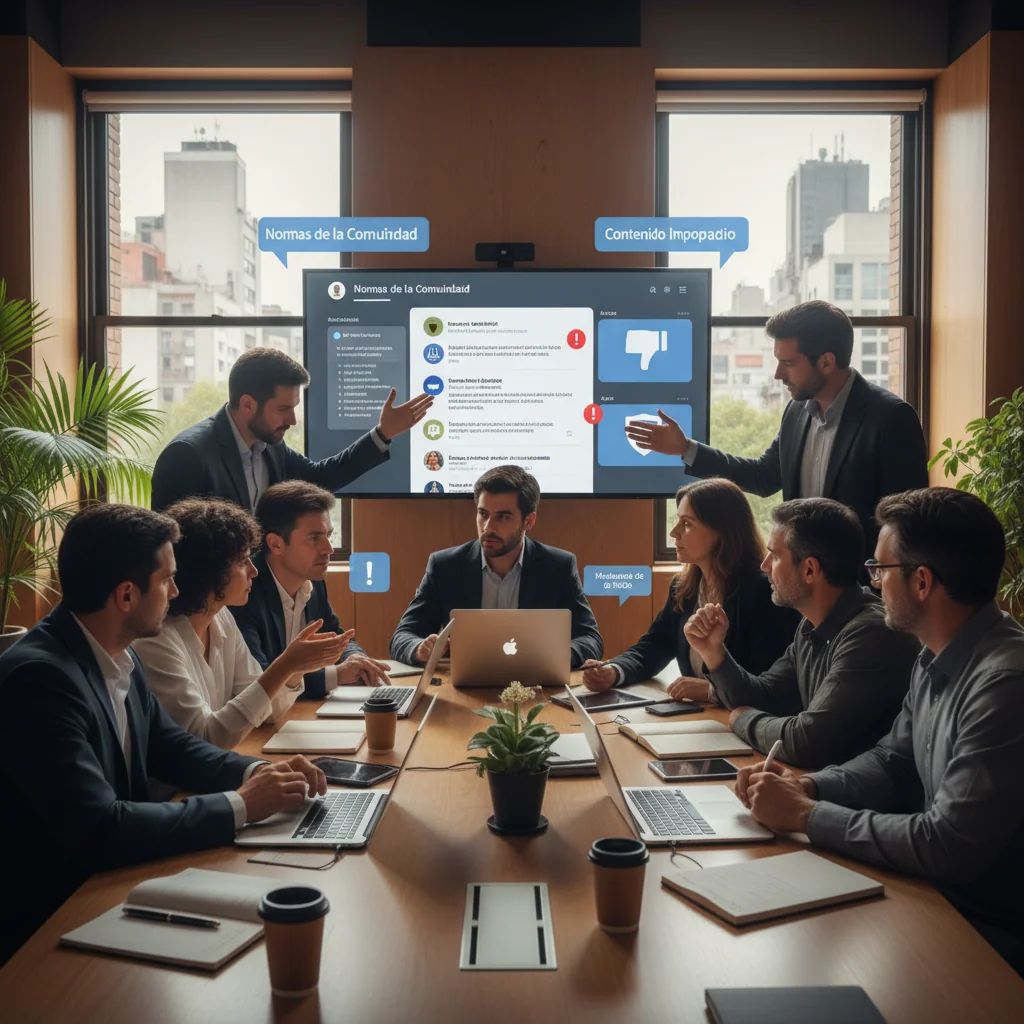 A photorealistic image depicting a diverse group of adults in a modern Argentine office setting, engaged in a collaborative discussion about digital platform moderation. They are looking at computer screens showing social media interfaces with moderated content icons, symbolizing the importance of content policies in digital platforms. The atmosphere is professional and focused, with subtle Argentine elements like a flag in the background. No children are present.