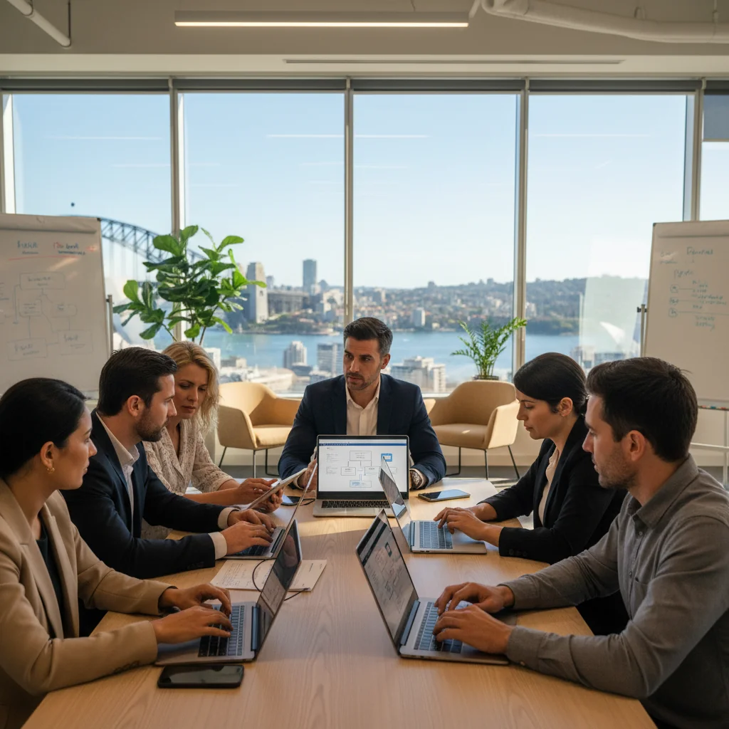 A photorealistic image of a diverse group of adults in a modern Australian office setting, engaged in a professional discussion about online content guidelines. They are reviewing digital screens showing policy icons like shields and filters, symbolizing content moderation. The scene includes elements of Australian culture, such as a window view of the Sydney Opera House, emphasizing safety and responsibility in digital spaces. No children are present.