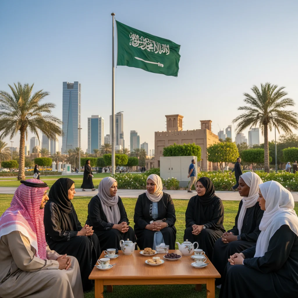 A photorealistic image depicting a diverse group of adults from various ethnic backgrounds engaging in a peaceful community discussion in a modern Saudi Arabian public park, symbolizing social stability and moderation, with traditional and contemporary architectural elements in the background, conveying harmony and unity.