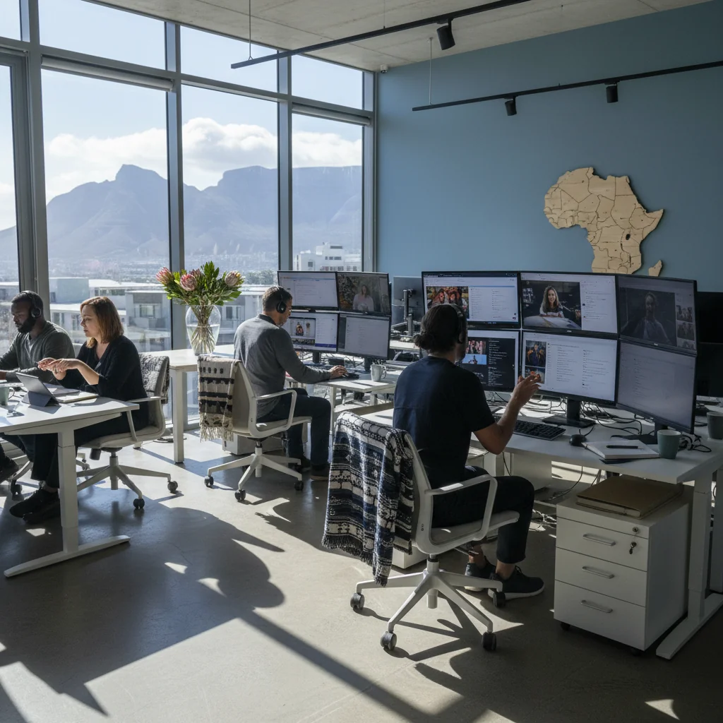 A photorealistic image representing content moderation in South Africa, featuring a diverse group of adult professionals in a modern office setting reviewing digital content on computers, with South African cultural elements like a flag or landscape in the background, symbolizing regulatory changes and online safety.