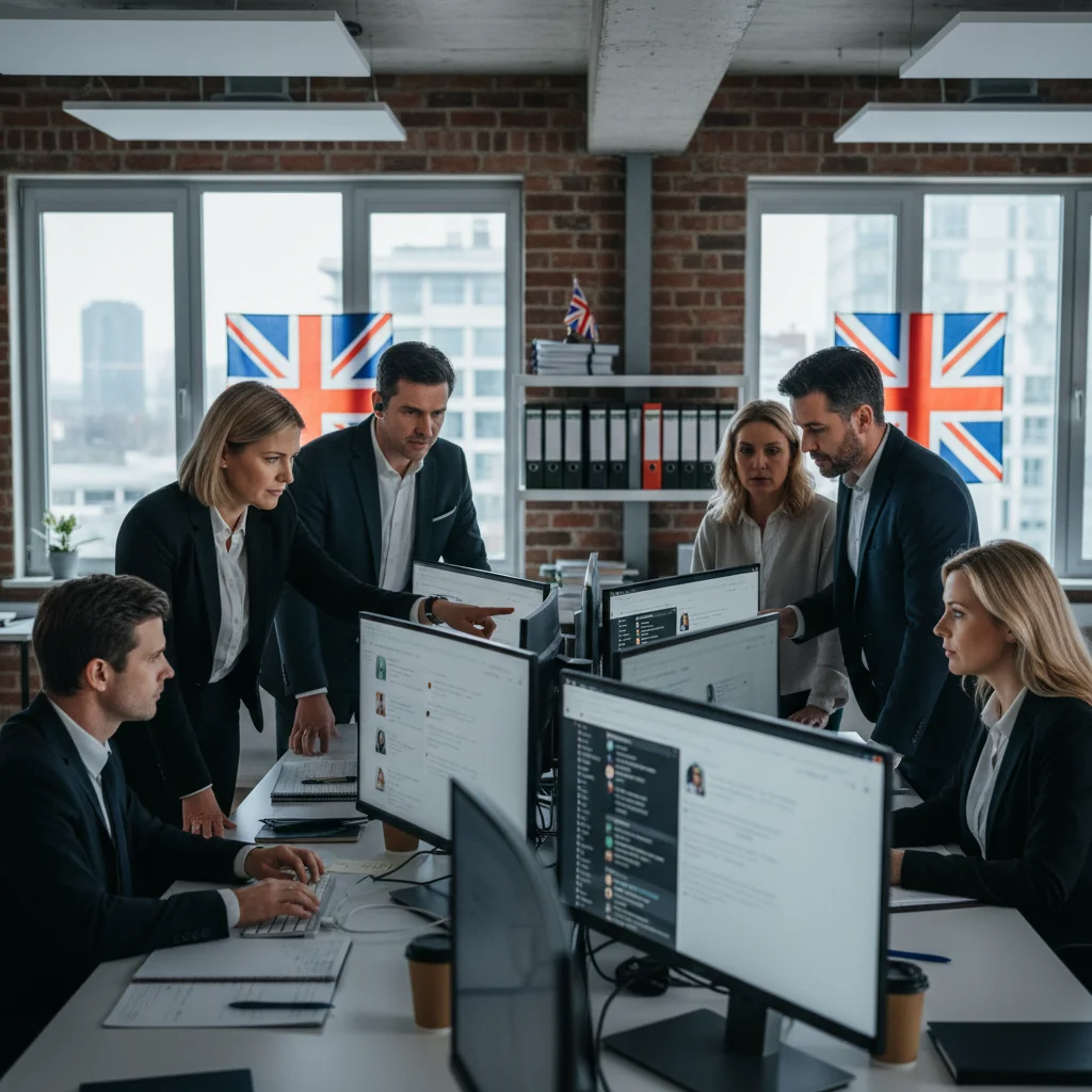 A photorealistic image depicting the impact of the United Kingdom's content moderation policy on online platforms, showing diverse adults in a modern office setting reviewing digital content on computers and screens, with subtle UK flag elements in the background, symbolizing regulation and online safety without focusing on documents.