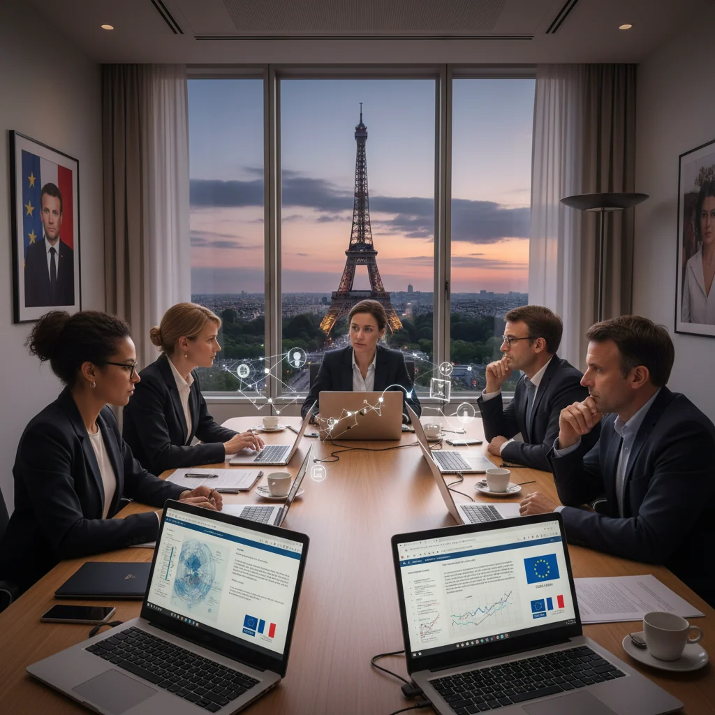 A photorealistic image symbolizing the evolution and regulation of French content moderation policies, featuring a diverse group of adult professionals in a modern government office in Paris, discussing digital ethics around a table with laptops and French flags in the background, evoking themes of policy development and online regulation.