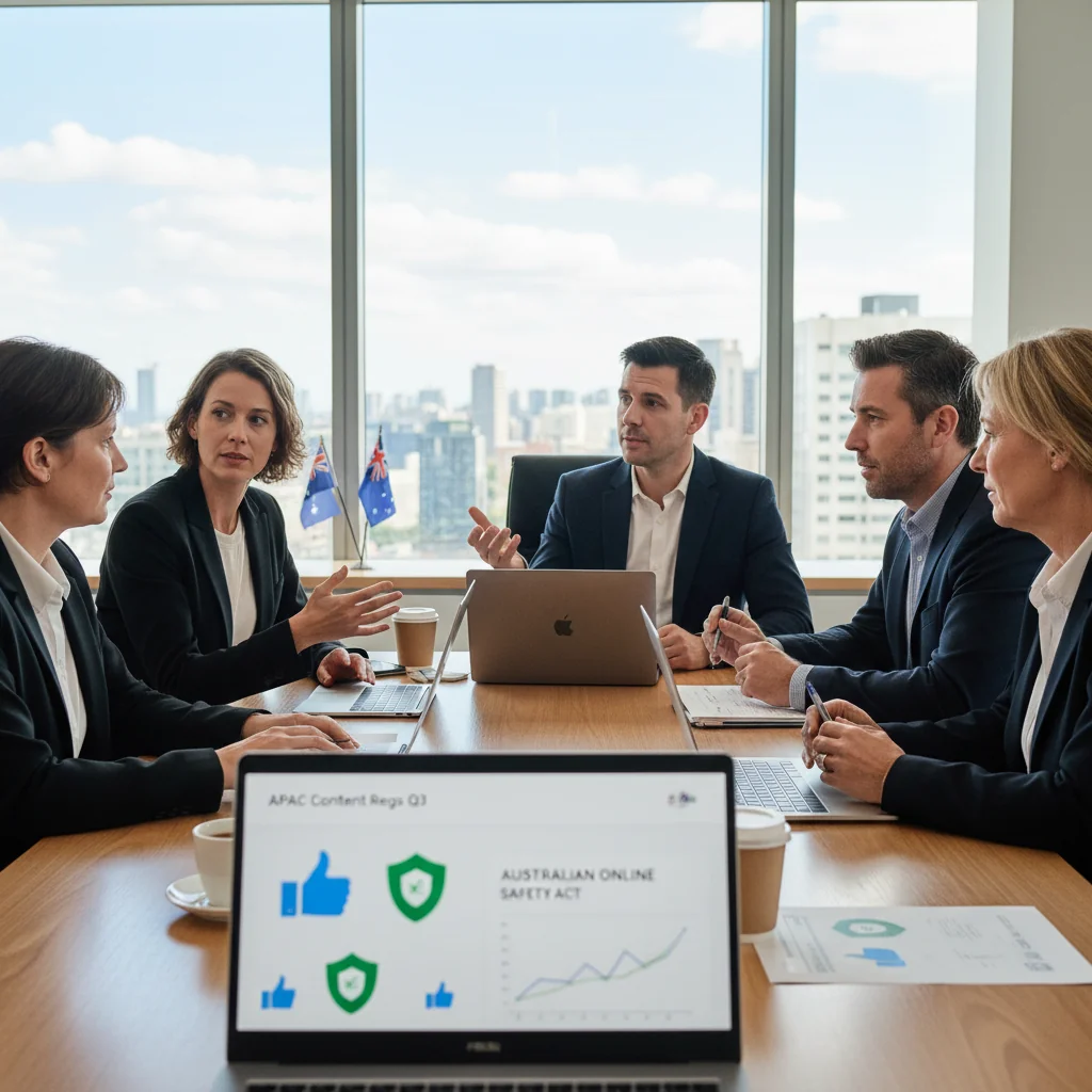A photorealistic image of a diverse group of professional adults in a modern office setting, collaborating on digital content moderation strategies to ensure compliance with Australian regulations. They are reviewing screens showing moderated online content, symbolizing safe and responsible business practices in digital spaces.
