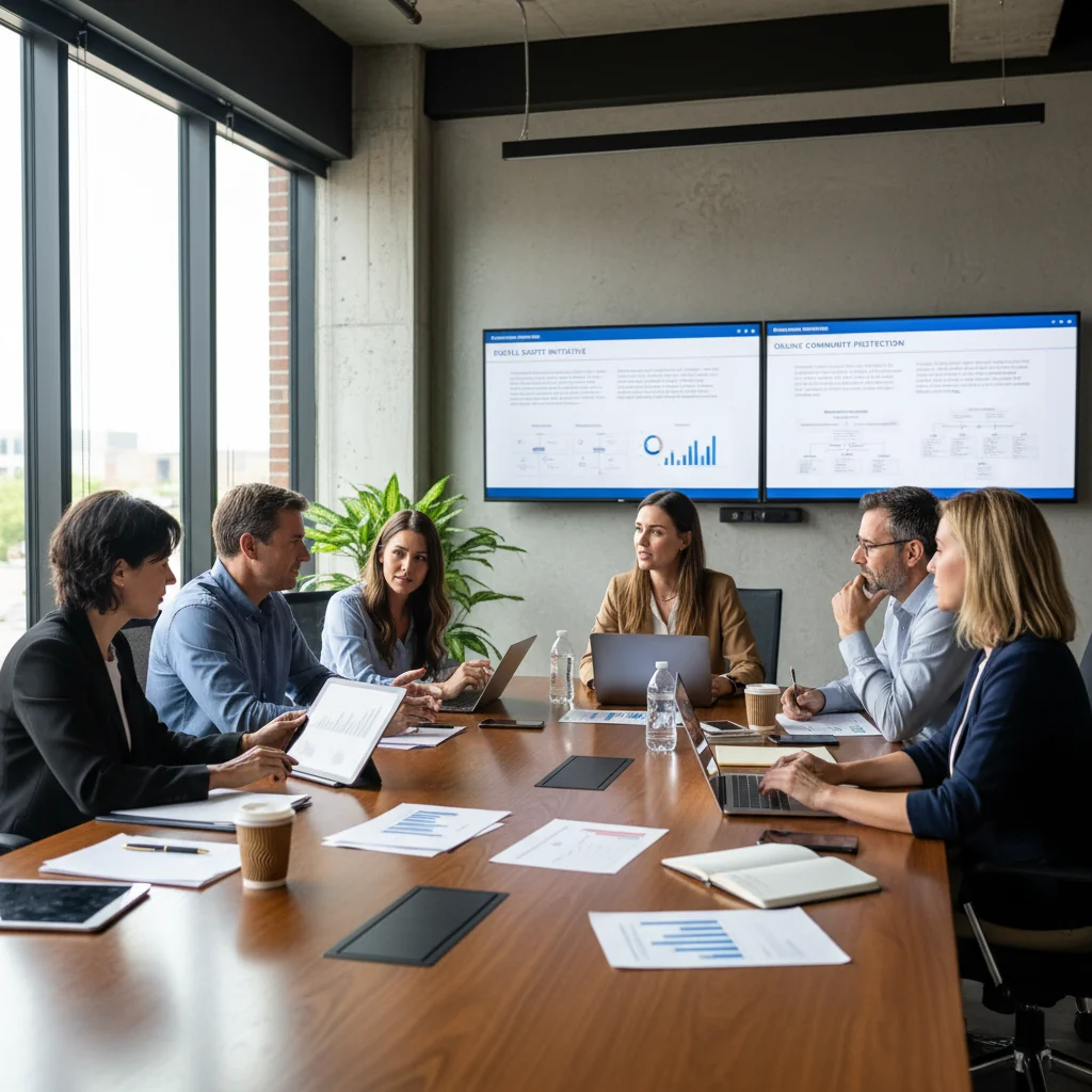 A photorealistic image depicting a diverse group of adults in a modern office setting, engaged in a collaborative discussion about online content guidelines, with subtle symbolic elements like digital screens showing balanced moderation icons, emphasizing safety and responsibility in digital spaces, no children present.