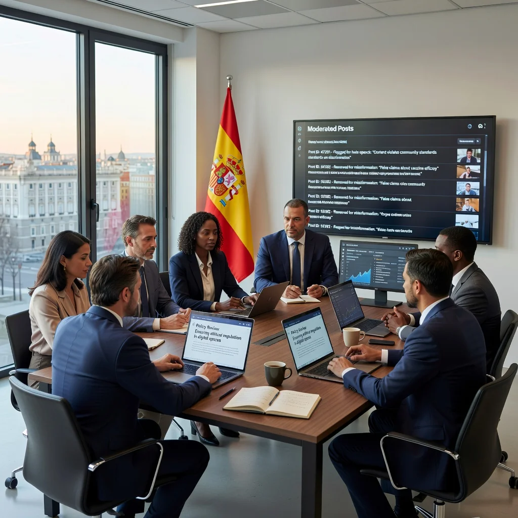 A photorealistic hero image representing the concept of content moderation policy in Spain, featuring a diverse group of adults in a modern office setting in Madrid, discussing online content guidelines on computers, with subtle Spanish landmarks in the background, evoking trust and regulation in digital spaces.