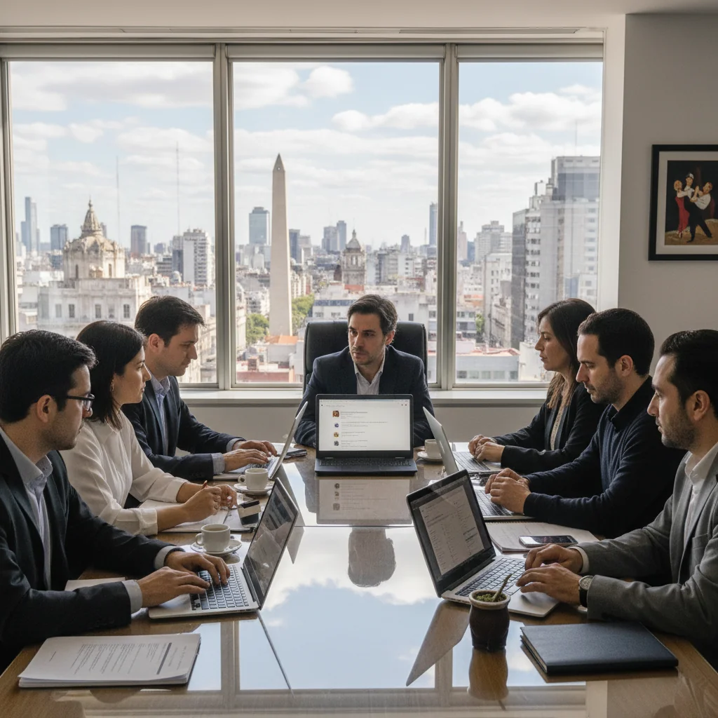 A photorealistic image of a diverse group of adult professionals in a modern Argentine office setting, engaged in a collaborative discussion about content moderation policies. They are reviewing digital screens showing social media interfaces with moderated comments, symbolizing effective online moderation. The scene includes elements like the Argentine flag subtly in the background, emphasizing the local context. No children are present.