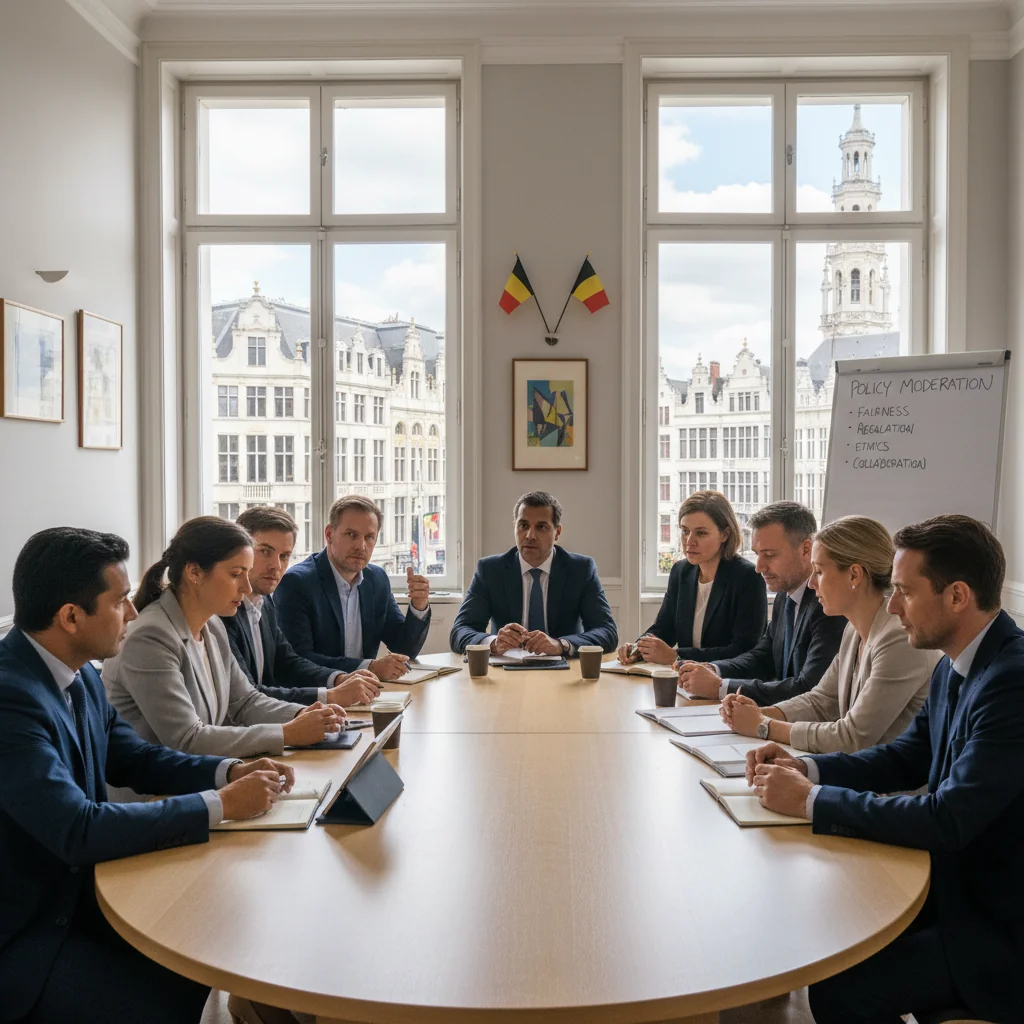 A photorealistic image symbolizing moderation policy in Belgium, featuring a diverse group of adults in a modern Belgian government building discussing policies around a conference table, with subtle Belgian flags and architectural elements in the background, evoking fairness, regulation, and civic engagement.