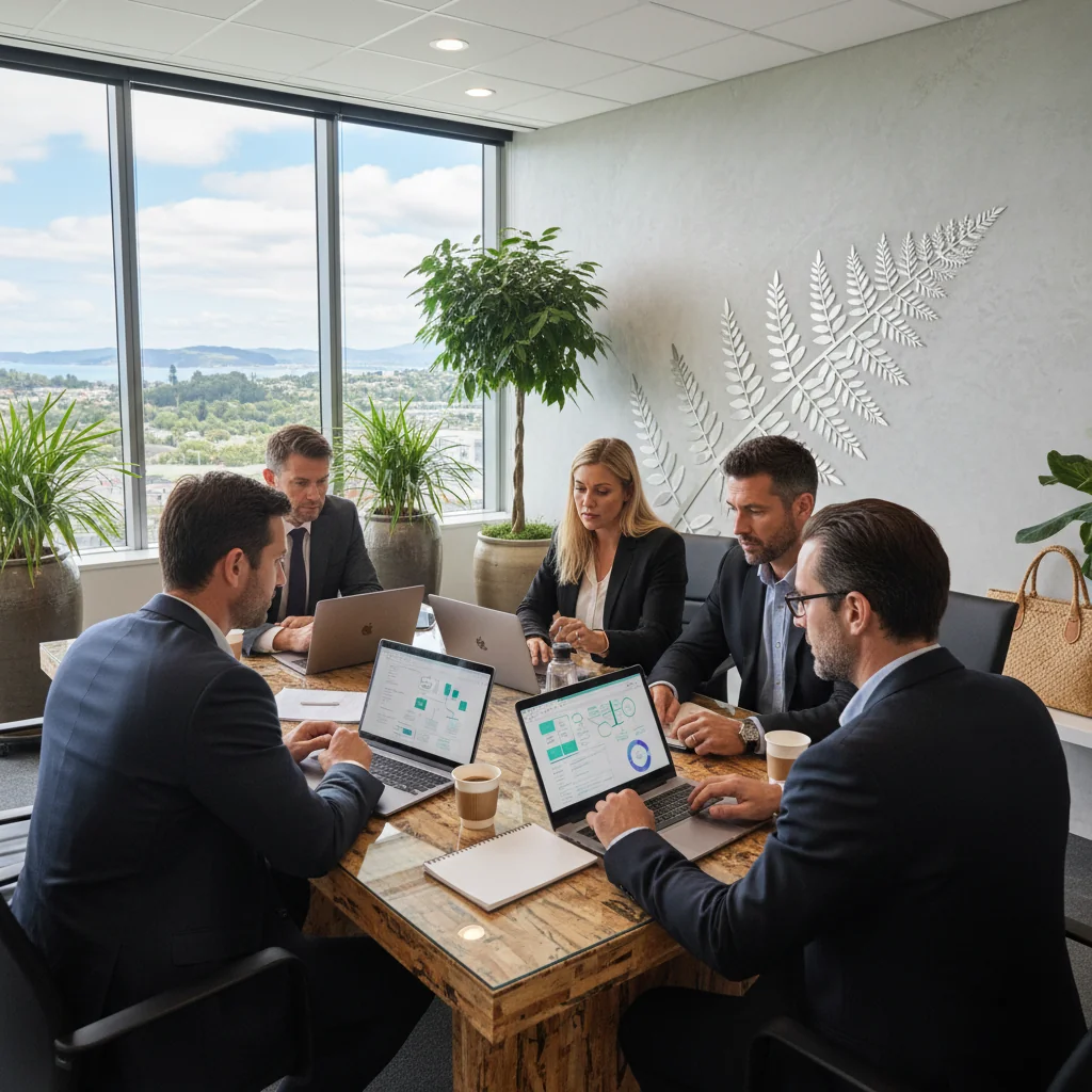 A photorealistic image of a diverse group of adult professionals in a modern New Zealand office setting, engaged in a collaborative discussion about content moderation, with subtle Kiwi elements like a fern plant in the background, symbolizing compliance and responsible business practices. No children are present in the image.