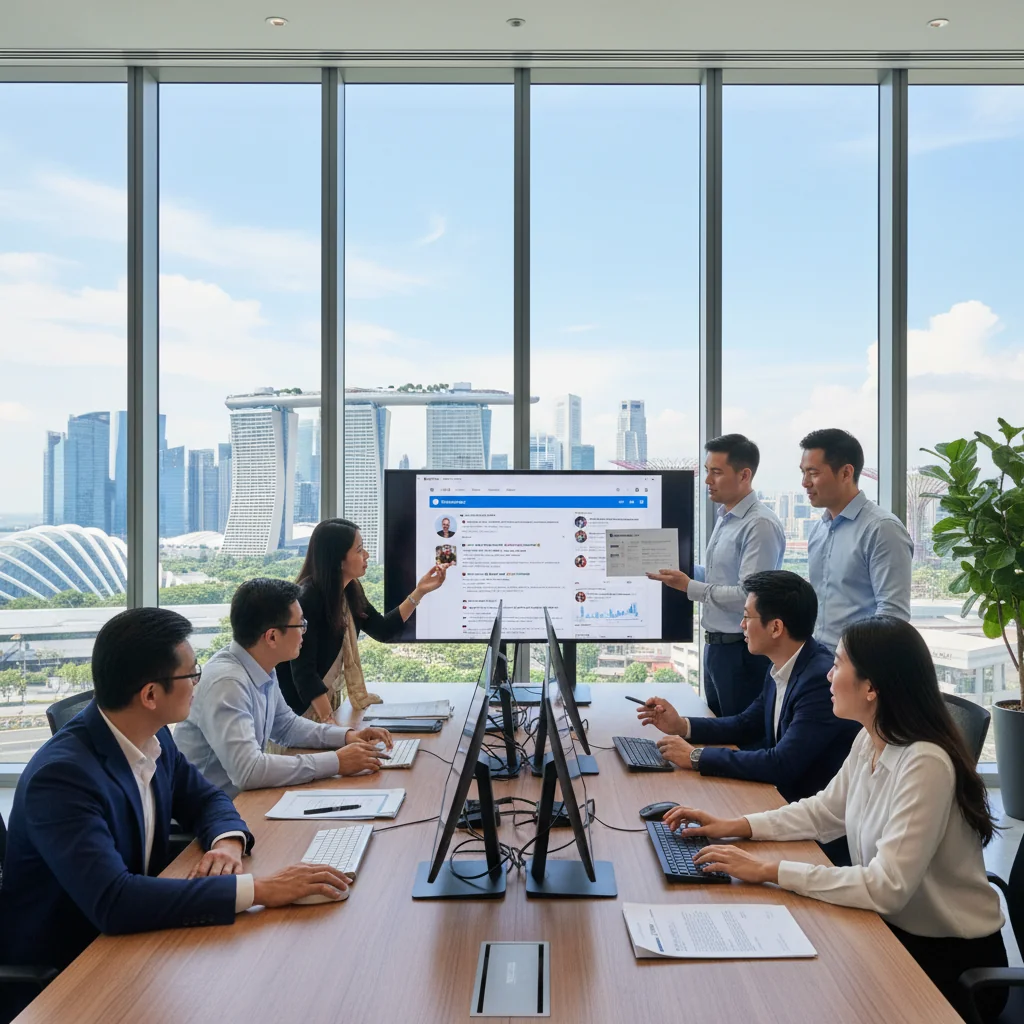 A photorealistic image depicting a diverse group of adults in a modern Singapore office setting, engaged in a collaborative discussion about digital content policies. The scene includes professionals reviewing screens with moderated social media feeds, symbolizing Singapore's content moderation framework, with subtle Singaporean elements like city skyline in the background through a window. No children are present in the image.