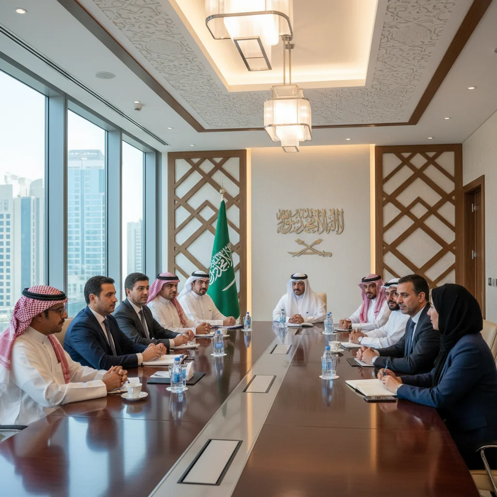 A photorealistic image representing the application of moderation policy in Saudi governmental policies, showing a diverse group of adult Saudi professionals in a modern government office in Riyadh, engaging in balanced and collaborative discussion around a conference table with subtle Saudi cultural elements like traditional attire blended with contemporary suits, symbolizing equitable and moderate governance, no children present.