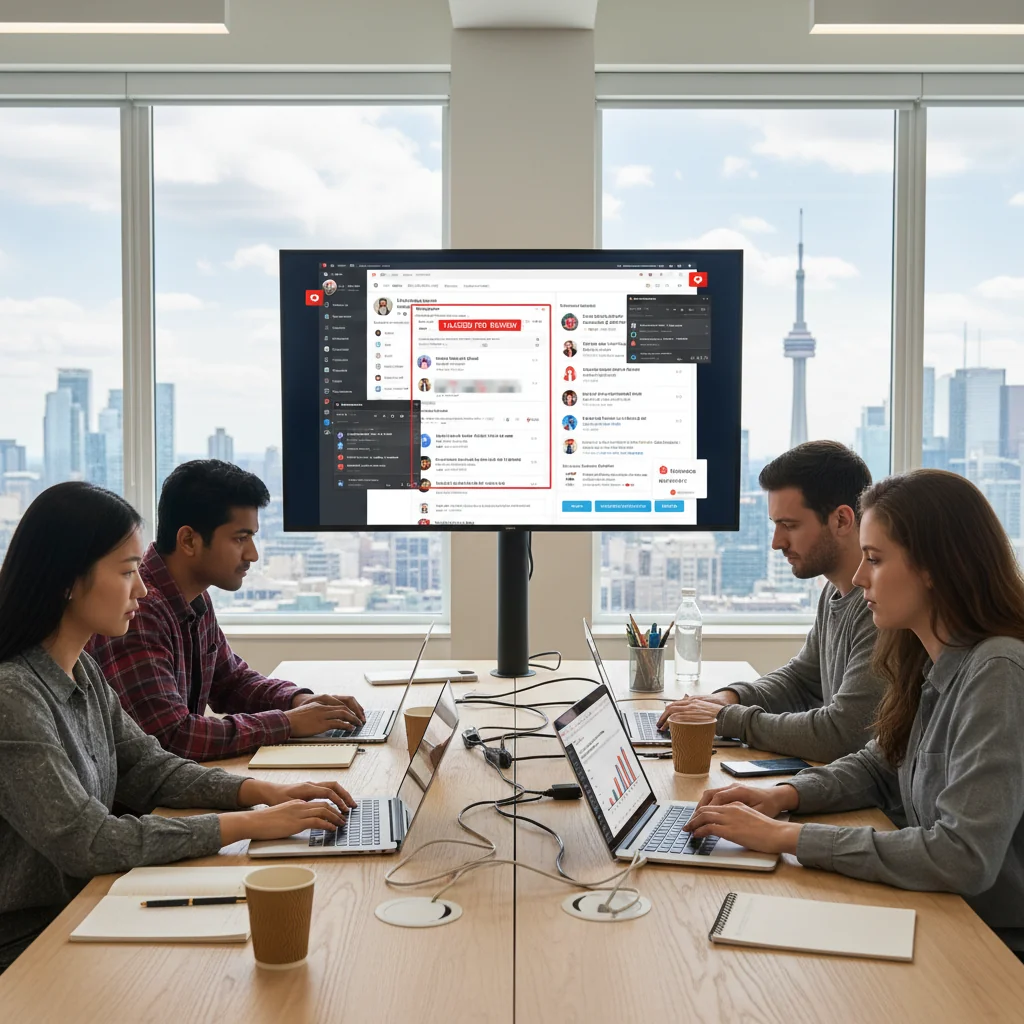 A photorealistic image of a diverse group of adults in a modern office setting, engaged in a discussion about online content moderation, with computer screens displaying social media interfaces and moderation symbols like checkmarks and warning icons, symbolizing the impact of Canada's rules on online platforms. The atmosphere is professional and thoughtful, emphasizing digital regulation without focusing on documents.