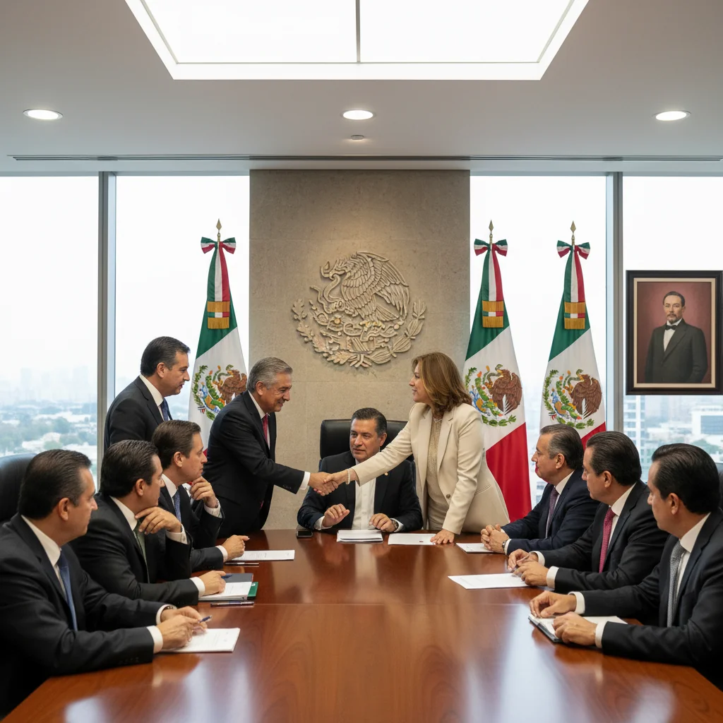 A photorealistic image representing political moderation in Mexico, featuring a diverse group of adult Mexican politicians in a government building, engaged in a constructive discussion around a conference table, symbolizing balanced policy-making and moderation in politics.