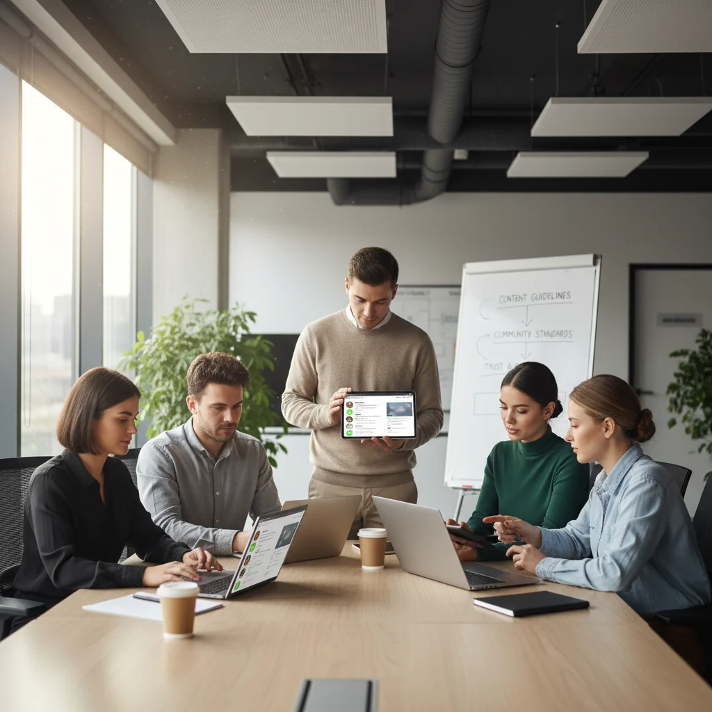 A photorealistic image of a diverse group of adults in a modern office setting, engaged in a professional discussion about content moderation policies, with subtle symbolic elements like digital screens displaying moderated social media feeds in the background, conveying themes of regulation, online safety, and community guidelines without focusing on any documents.