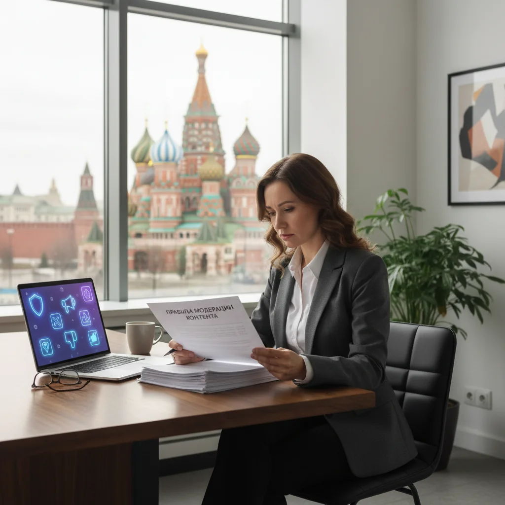 A photorealistic image of an adult professional woman sitting at a modern office desk in Russia, reviewing legal documents related to content moderation rules, with subtle Russian cultural elements like a flag or Moscow skyline in the background, conveying a sense of compliance and knowledge in a professional setting.