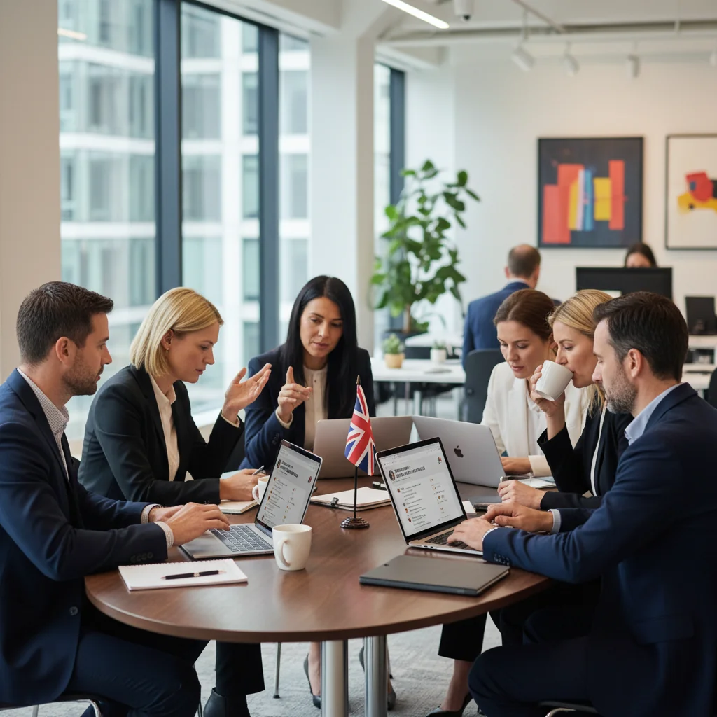 A photorealistic image of a diverse group of adults in a modern office setting, engaged in a serious discussion about online content, with subtle elements like computer screens showing moderated social media feeds and a UK flag in the background, symbolizing policy implications and digital moderation.