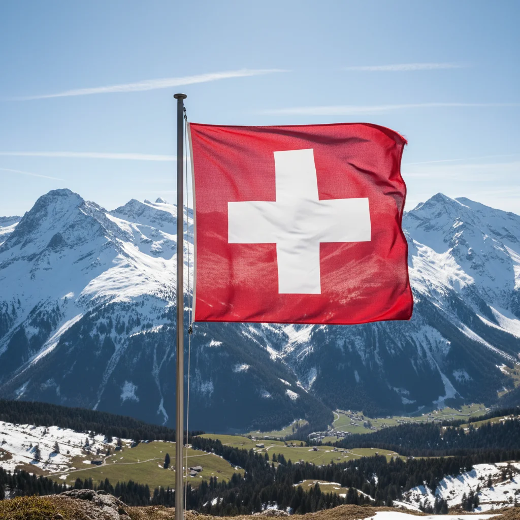 A photorealistic image symbolizing moderation and guidelines in a Swiss context, featuring the Swiss flag waving gently against a backdrop of the majestic Swiss Alps under a clear blue sky, representing national policy and balanced oversight without any focus on documents or people.