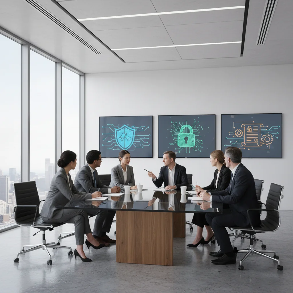 A photorealistic image of a diverse group of adult professionals in a modern corporate office, engaged in a collaborative discussion around a conference table, reviewing digital screens displaying compliance icons and legal documents, symbolizing adherence to content management policies and legal requirements, with a professional and serious atmosphere, no children present.