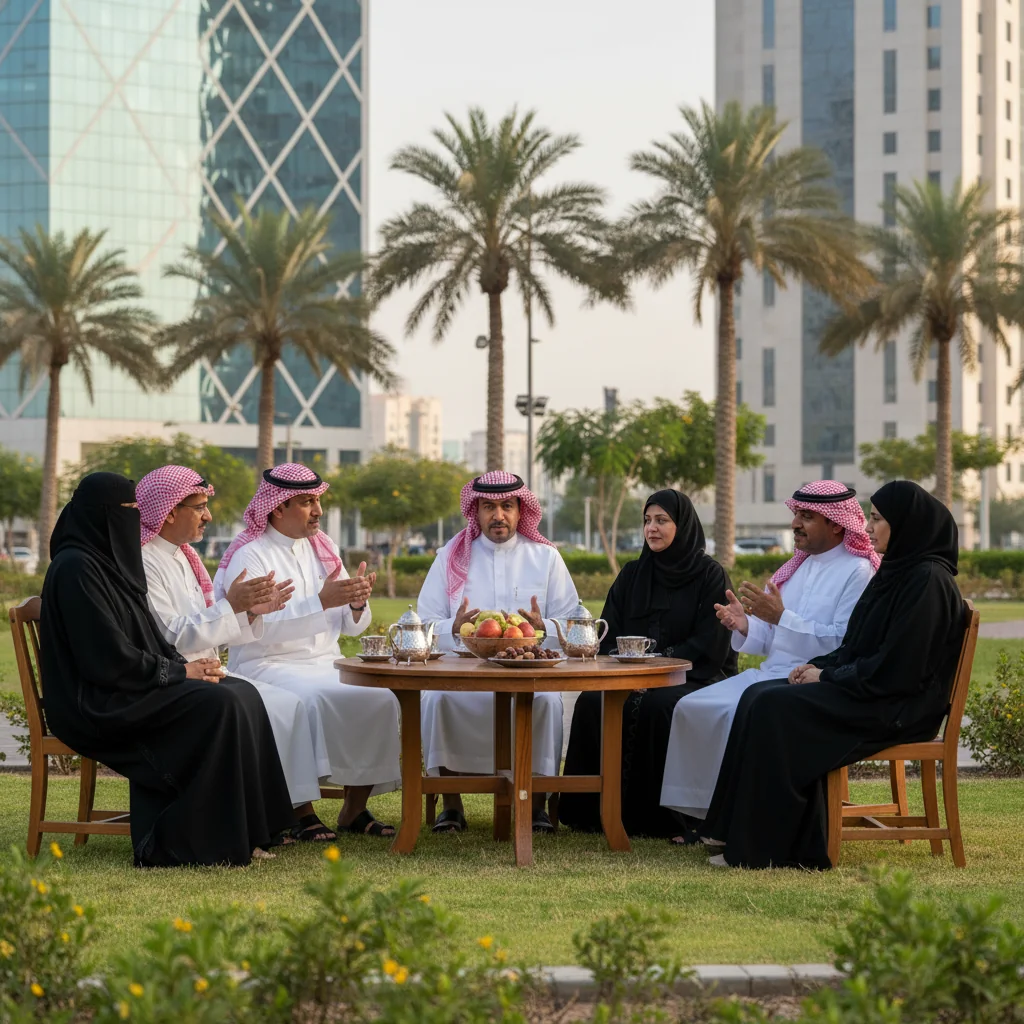 A photorealistic image depicting a diverse group of adult Saudi men and women in traditional attire engaging in a balanced community discussion in a modern Saudi public space, symbolizing the importance of moderation in Saudi society, with elements like calm expressions, harmonious interaction, and subtle cultural symbols like palm trees in the background.