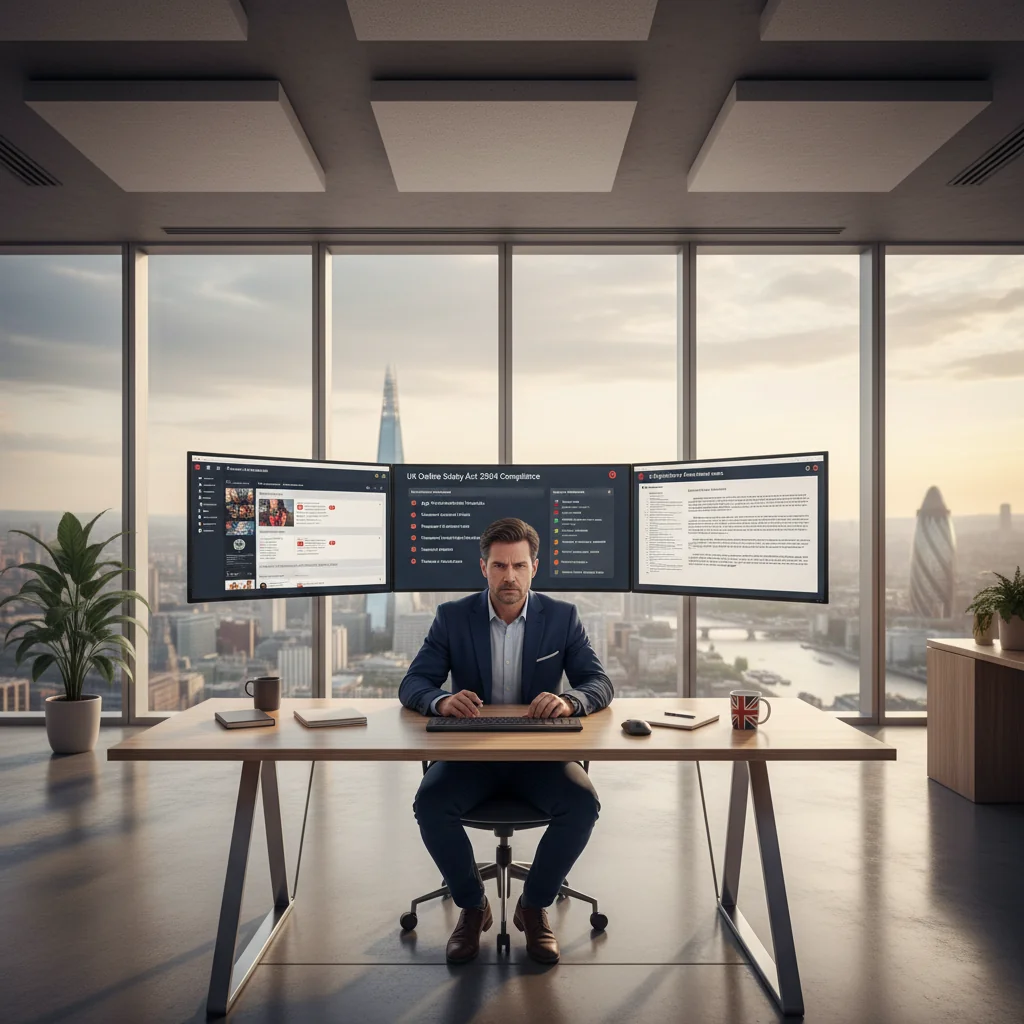 A photorealistic image of a professional compliance officer in a modern office environment, carefully reviewing digital screens displaying UK regulatory guidelines and content moderation interfaces, symbolizing navigation through compliance challenges in 2024, with no children present and a focus on adult professionals.