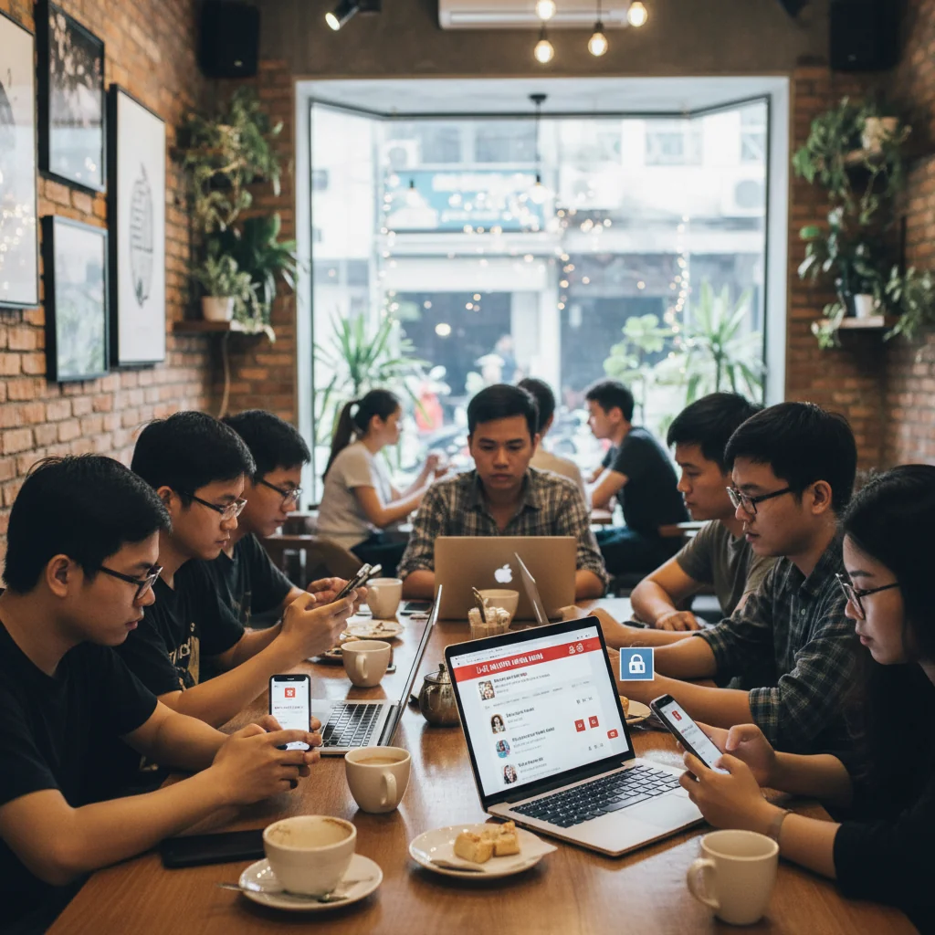 A photorealistic image depicting a diverse group of Vietnamese adults in a modern urban setting, engaged in thoughtful discussion about social media regulations, with smartphones and laptops showing social media icons in the background, symbolizing the impact of new censorship laws on online communication in Vietnam.