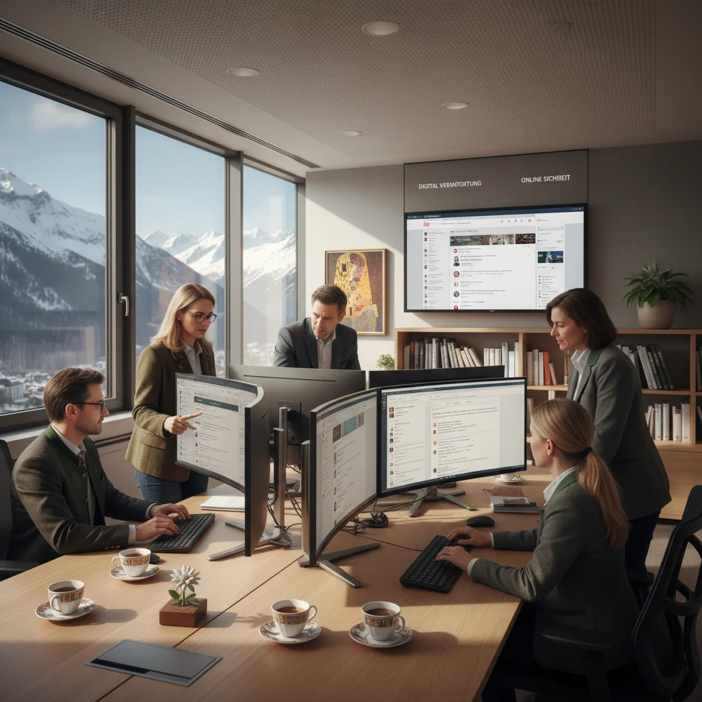 A photorealistic image representing online moderation on Austrian websites, featuring a diverse group of adults in a modern office setting, reviewing digital content on multiple screens, with subtle Austrian flag elements in the background, symbolizing policy and community guidelines for safe internet spaces.