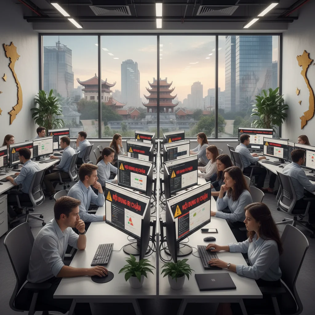 A photorealistic image depicting the impact of censorship regulations on digital businesses in Vietnam. Show a diverse group of adult professionals in a modern Vietnamese office setting, looking concerned at computer screens displaying blurred or redacted content, symbolizing regulatory restrictions, with subtle Vietnamese cityscape elements in the background like Hanoi skyline or Ho Chi Minh City streets, conveying tension between innovation and control in the digital economy.